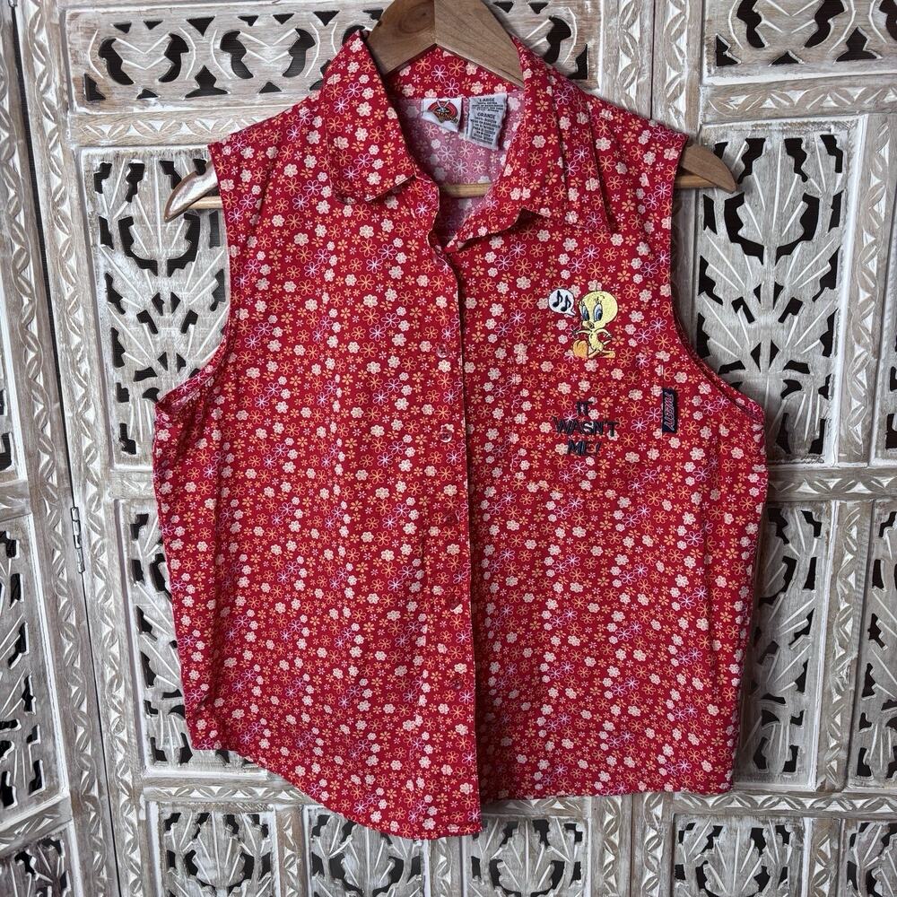 Vintage 90s Looney Tunes Red Sleeveless Button Shirt Sz Large Tweety Bird Floral